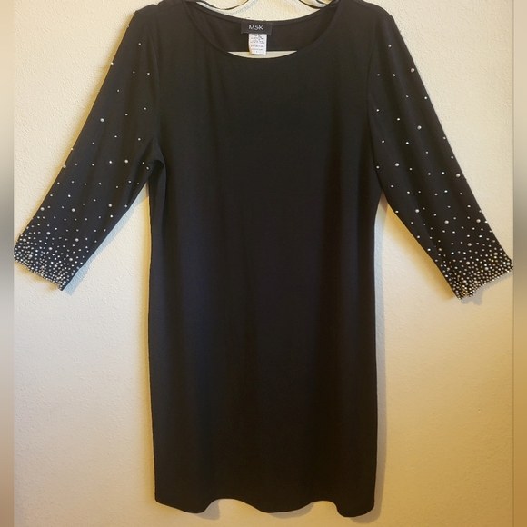 MSK black tulip sleeve mini fit and flare, pearl & stud embellished dress. Large - Picture 5 of 15